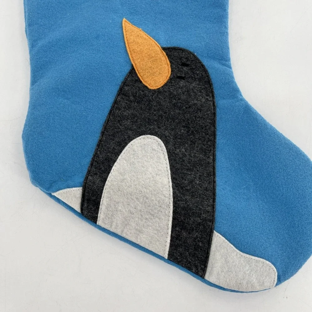 Rare Pottery Barn Felt Christmas Stocking‎ Blue 2 Empire Penguins Snow Poms, 22